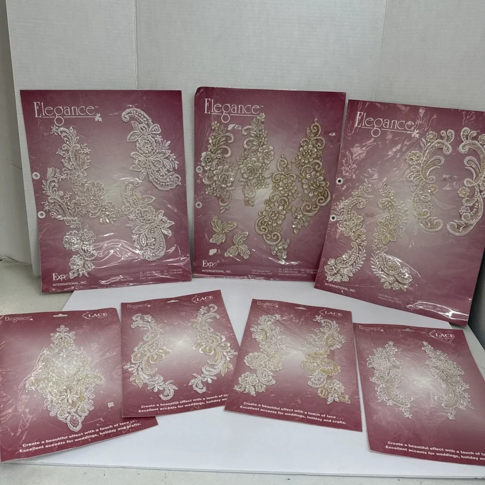 7 Packs Elegance Lace Accent Applique Sew On Embellishments Lot NOS Pearl Bridal
